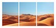 Three panel wall art displaying a serene desert scene with sand dunes shifting from sunrise to sunset