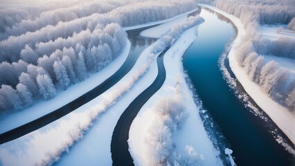 Wall Mural - Aerial top view of snow winter road with cars over blue river