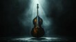 The silhouette of a black double bass with selective lighting on its strings. AI generate illustration
