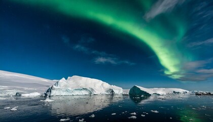 Sticker - the aurora lights shine brightly in the night sky over an ice floese and icebergs in the ocean