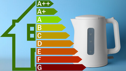 Poster - Energy efficiency rating label and electric kettle on light blue background