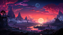 A Vast, Alien Desert Landscape With Unusual Rock Formations, Bathed In A Gradient Of Surreal Colors.