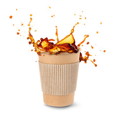 Sticker - Aromatic coffee splashing in takeaway paper cup on white background