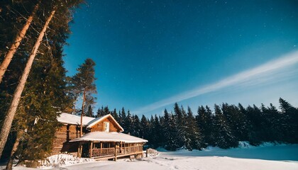 Wall Mural - night sky over snow covered house in forest