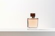 A minimalist composition of a single perfume bottle standing on a white background with ample copy space
