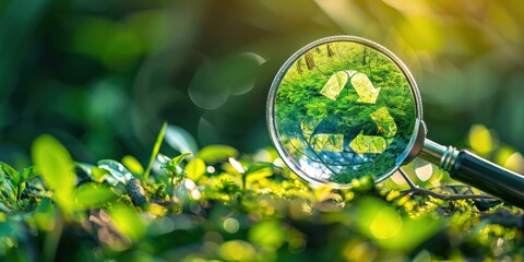 Canvas Print - Magnifying glass with symbols reducing carbon emissions, sustainable development and green business concept.