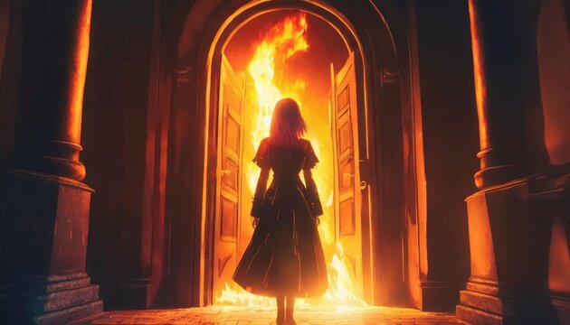 anime character of glowing portar door fire background