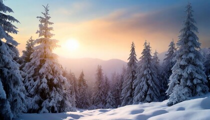 Sticker - winter landscape wallpaper with pine forest covered with snow and scenic sky at sunset snowy fir tree in beauty nature scenery christmas and new year greeting card background