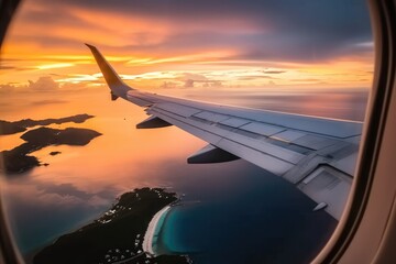 Wings Over Paradise: Sunset Flight Over Tropical Islands, Captured Through the Window's Glimpse