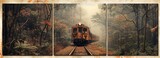 Fototapeta  - Three panel wall art showing a vintage train journey through changing landscapes