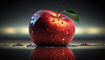Wall Mural - A red apple with water droplets on it is sitting on a reflective surface.

