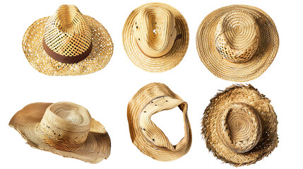 A collage of six different straw hats, two of which are cowboy hats, against a white background.