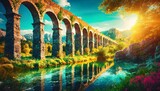 bright and fantastical landscape with majestic aqueducts in a magical world