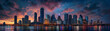 Banner with twilight panorama of a bustling metropolitan skyline reflected in tranquil waters.  Generative AI