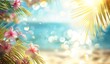 Landscape of tropical summer. Summer vacation concept with sunset sky, sea, bokeh light and palm leaves 