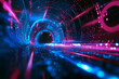 Digital blue-violet glowing endless tunnel. 3D creative background of digital technology and innovations. 