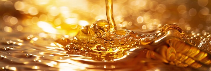 Immerse yourself in the golden hues of liquid honey, its shimmering surface glistening under soft, warm light