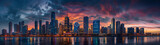 Fototapeta  - Banner with twilight panorama of a bustling metropolitan skyline reflected in tranquil waters.  Generative AI