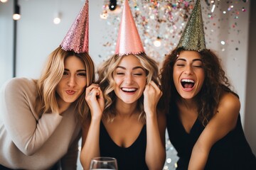 Wall Mural - Portrait of three young women in birthday hats laughing and having fun. Birthday Concept with Copy Space. 