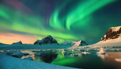 Wall Mural - northern lights majestic aurora borealis over icebergs snow mountains and lakes in polar regions generative ai