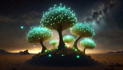 Wall Mural - fluffy glowing alien trees on the surface of a planet made with generative ai