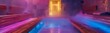 Benches in a row with colored lights in a room. Hammam background . Banner 