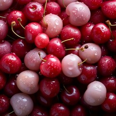 Wall Mural - b'A close up of a bunch of wet cherries'