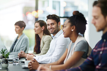 Poster - Teamwork, business people and meeting in office for conference, seminar or workshop on corporate training. Lens flare, diversity and group of employees for professional, onboarding or planning