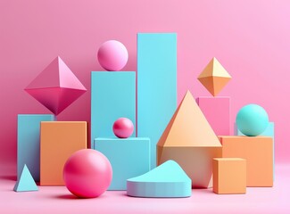 Canvas Print - b'Colorful 3D geometric shapes on a pink background'