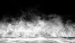 Grunge floor with smoke or fog in dark room with spotlight. grungy broken asphalt night street. Mist on black background, black and white