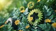 Green cogs and yellow flowers.