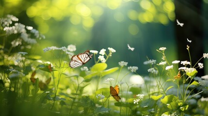  A Sunny Day in a Summer Forest Glade with Flowering Grass, Beautiful Wildflowers, and Butterflies.