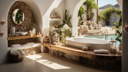 Wall Mural - b'Modern bathroom with natural elements and a view of the pool'