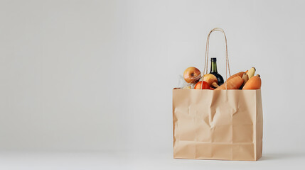 Wall Mural - Brown Paper bag with groceries, isolated on white background with copy space