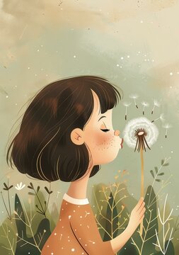 girl blowing dandelion illustration