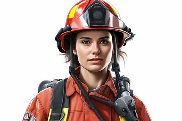 Wall Mural - b'Portrait of a young female firefighter wearing a red helmet and protective gear'