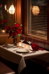 b'A romantic dinner table with a bouquet of red roses and two wine glasses'