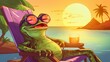 b'A frog wearing sunglasses is sitting in a beach chair and drinking a cocktail'
