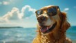 Beach day joy, golden retriever with sunglasses enjoying the seaside, concept of pets on vacation and relaxed summer days