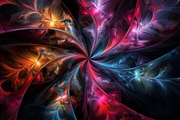 Wall Mural - mesmerizing fractal patterns in vivid colors on black background abstract digital art