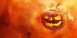 Lachender Kürbis mit Gesicht im brennenden Feuer zu Halloween als Cartoons in Querformat für Banner, ai generativ