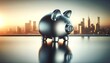 Piggy bank, a sleek metallic savings icon, reflects city skyline opportunities. Classic piggy bank stands strong against city skyline, representing financial stability.