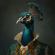 A peacock is wearing a blue dress and a gold bow tie. The peacock is the main focus of the image, and the dress and bow tie adds a touch of elegance and sophistication to the scene