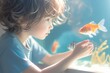 A young child joyfully watches fish in an aquarium, surrounded by vibrant colors and marine life. 