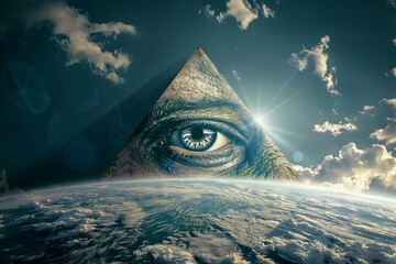 ominous illuminati eye pyramid looms over globe symbolizing conspiracy theories and new world order conceptual image