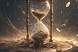 An hourglass with sand flowing out of it, surrounded coins and dust, symbolizing the passage of time in business. 