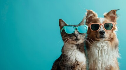 Wall Mural - Whimsical portrait of a Border Collie and Tabby Cat in stylish sunglasses against a blue background, capturing a playful and trendy pet friendship