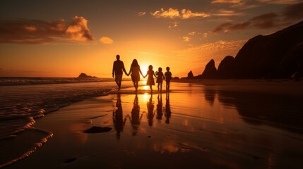 Wall Mural - b'Family walking on beach at sunset'