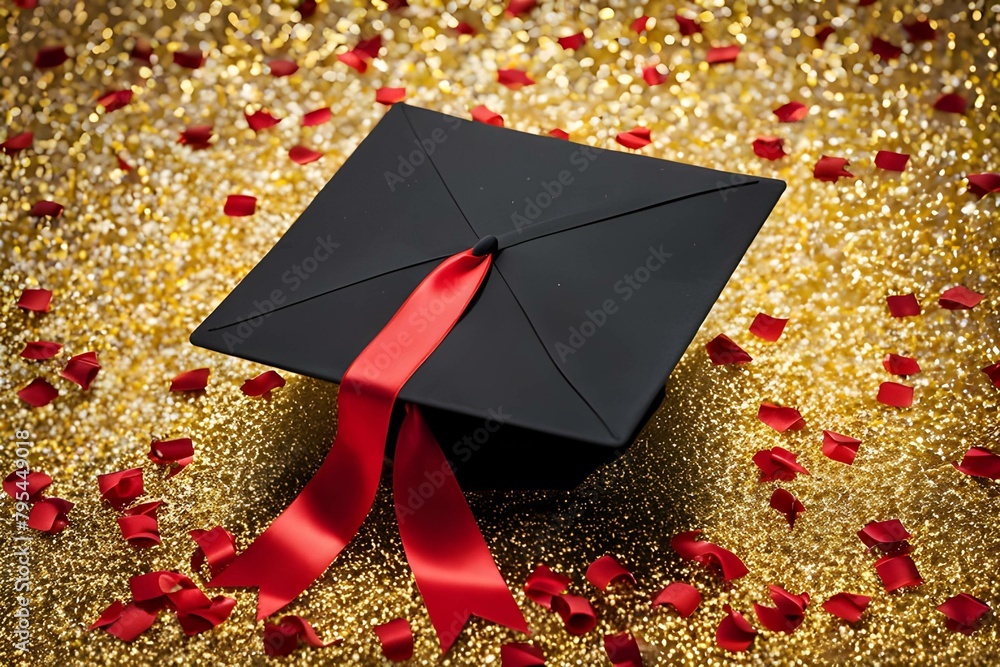 A black graduation cap with a red ribbon on a glittery gold background ...