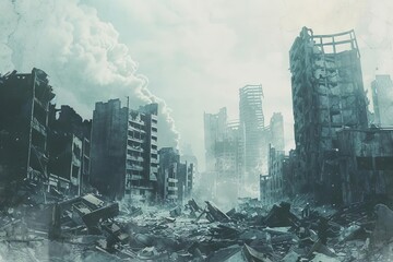Wall Mural - ruined city in the aftermath of war apocalyptic landscape destroyed buildings concept illustration
